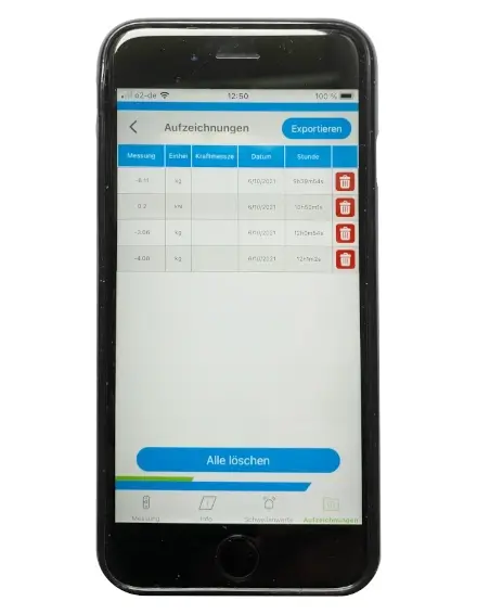 Handy App für Tractel Zugkraftmessgerät dynafor™ Pro zum Archiviern der Messdaten