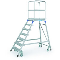Podesttreppe, fahrbar, einseitig begehbar, mit Stahl-Gitterrost-Stufen und Plattform  Plattformhöhe 1.68 m  Artikel-Nr.: Z41955