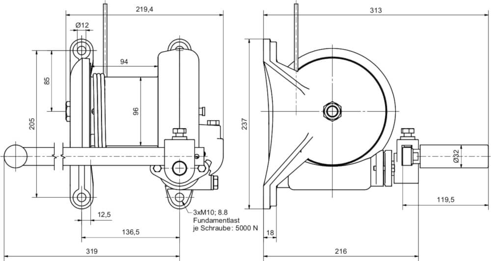 Abmessungen der Wandwinde WH 2 S von Köster-Heide