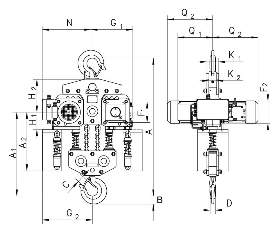Masszeichnung von Yale Elekrokettenzug CPE