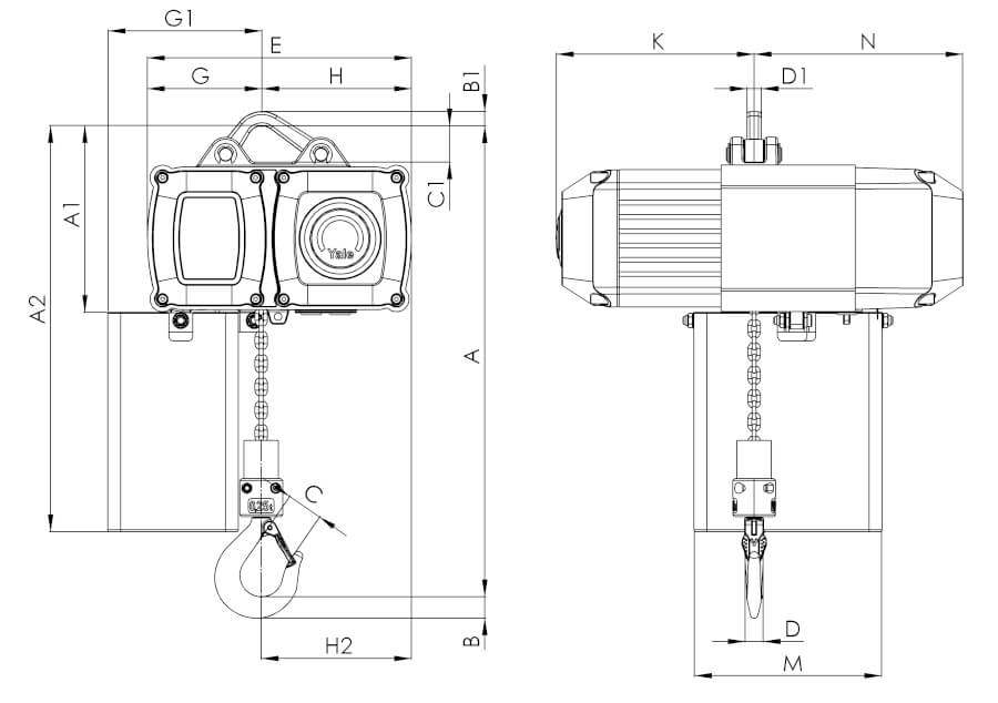 Masszeichnung von Yale Elekrokettenzug CPV 5-8