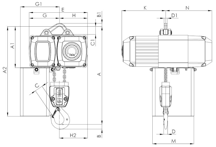 Masszeichnung von Yale Elekrokettenzug CPV