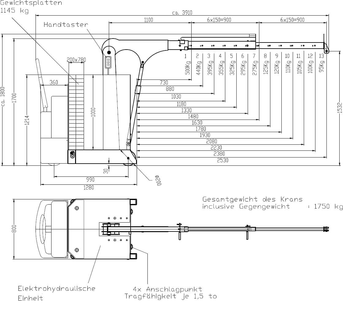Skizze des Hydrobull Werkzeugkrans HB500GKBRP