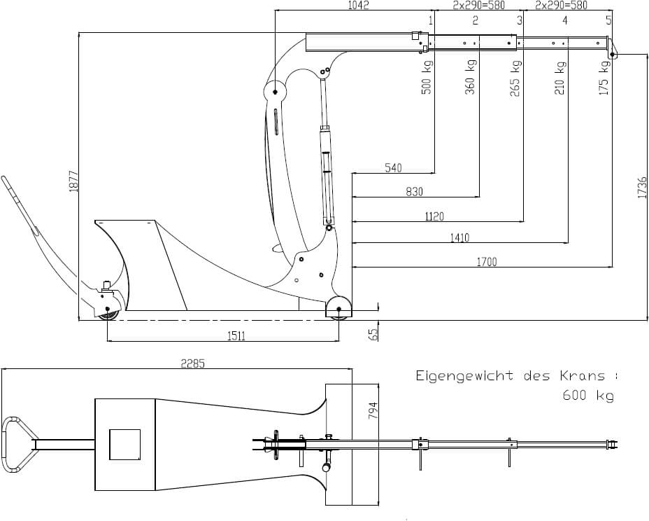 Skizze des Hydrobull Werkzeugkrans ITI500N